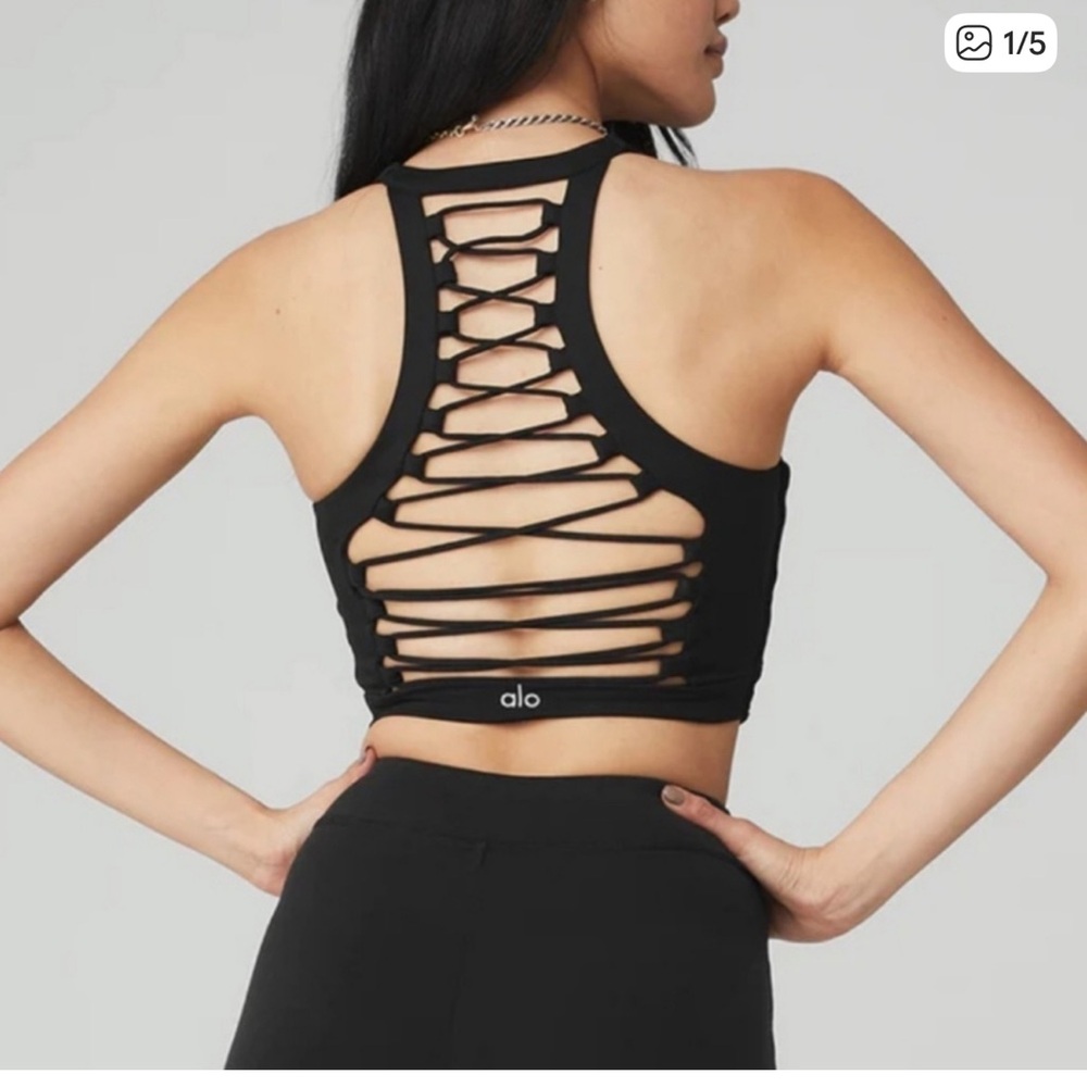 ALO Yoga Black Corset-Back Sports Bra